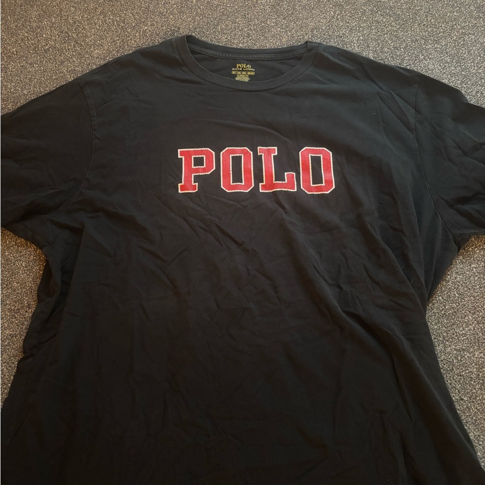 Sz 2 XLT distressed Polo by Ralph Lauren Black Tee with Red Lettering